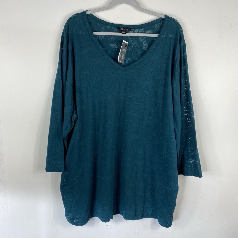 Lane Bryant Top 22 24 T-Shirt Tee Green Emerald 3/4 Sleeve V-Neck Burnout - Picture 3 of 9